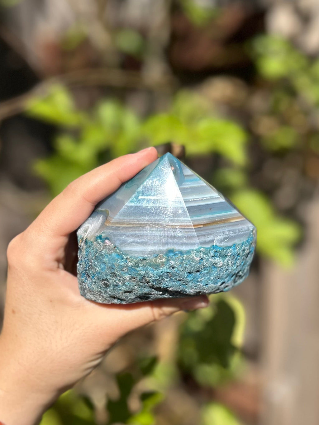 Dyed blue/teal agate half polished